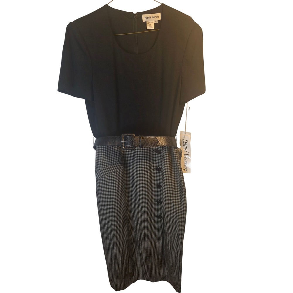 David Warren Vintage Gingham Belted Sheath Dress Black Grey Size 12 NWT